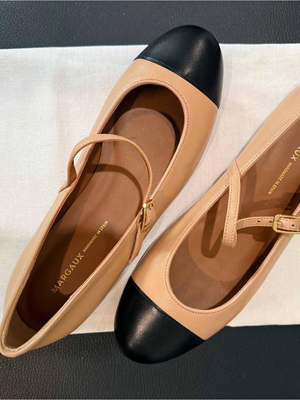 Margaux Beige Leather Mary Janes with Black Cap Toe